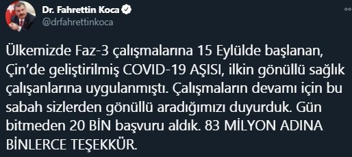 Bakan Koca'dan aşı gönüllülerine teşekkür
