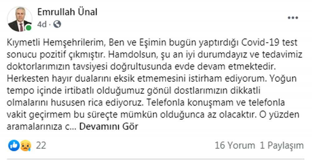 Bucak Belediye Başkanı Ünal ve eşinin koronavirüs testi pozitif çıktı