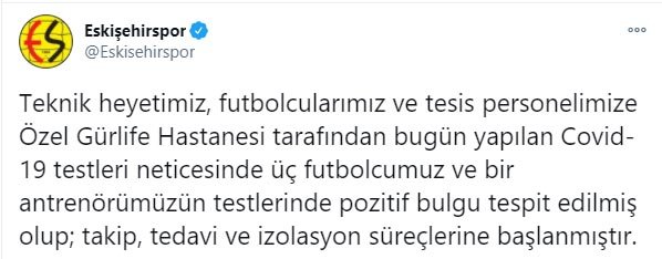 Eskişehirspor'da 3 futbolcu ve 1 antrenörün Covid-19 testi pozitif çıktı