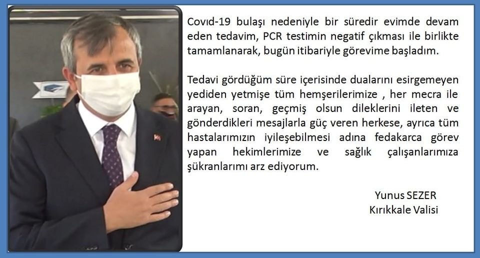 Kırıkkale Valisi Sezer, koronavirüs olmuştu
