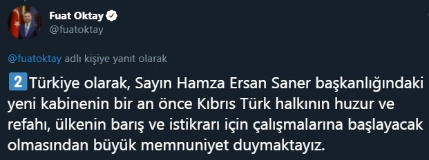 Oktay: KKTC'de yeni kabinenin çalışmalarına başlayacak olmasından büyük memnuniyet duymaktayız