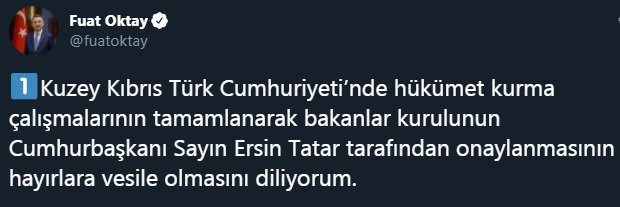 Oktay: KKTC'de yeni kabinenin çalışmalarına başlayacak olmasından büyük memnuniyet duymaktayız