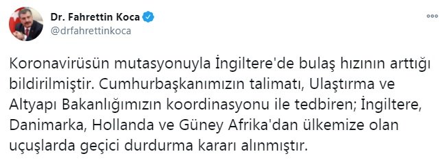İngiltere, Danimarka, Hollanda ve Güney Afrika'dan Türkiye'ye olan uçuşlar durduruldu