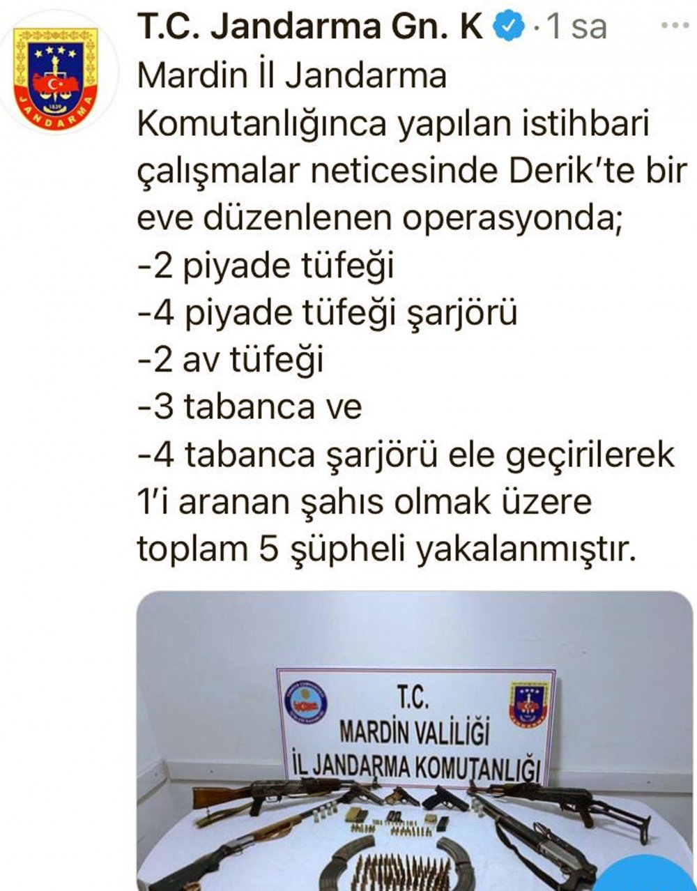 Derik'te silah ve mühimmat ele geçirildi: 5 gözaltı