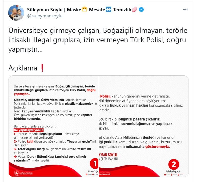 Bakan Soylu: Türk Polisi, Boğaziçi Üniversitesi'nde doğru yapmıştır