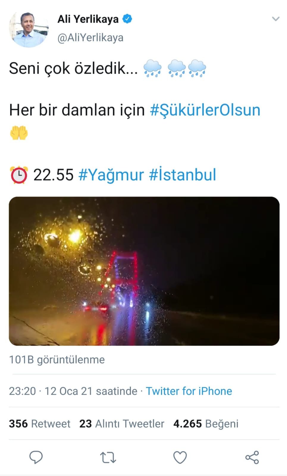 Vali Yerlikaya'dan yağmur tweeti: Seni çok özlemiştik