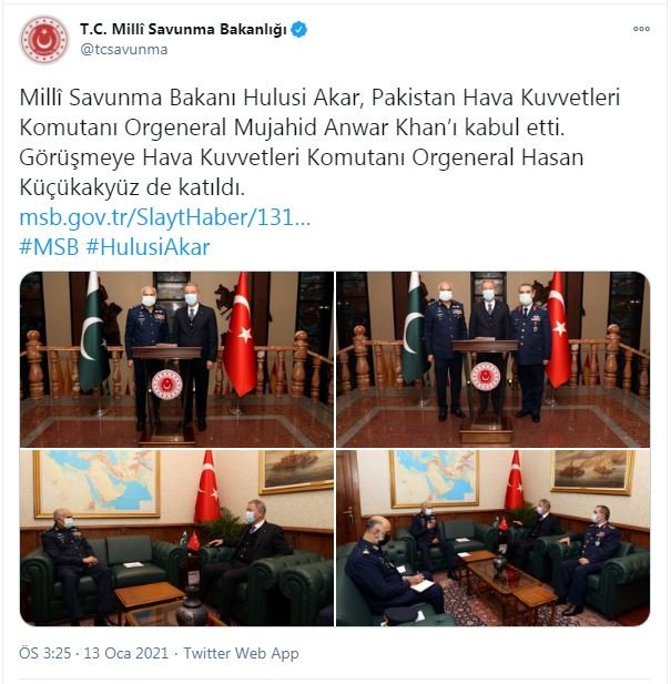 Bakan Akar, Pakistan Hava Kuvvetleri Komutanı Khan'ı kabul etti