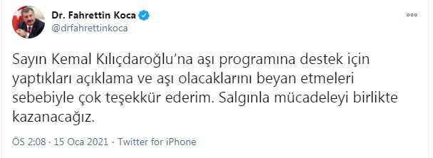 Bakan Koca'dan, Kemal Kılıçdaroğlu'na, teşekkür