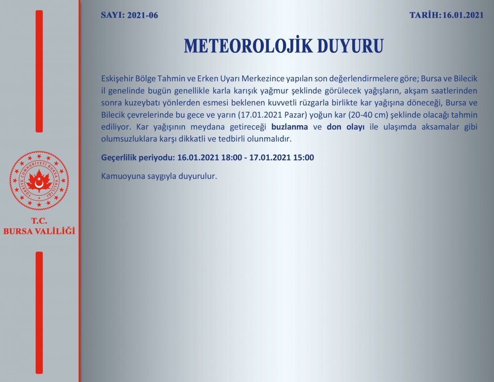 Bursa Valiliği'nden 'kar' uyarısı