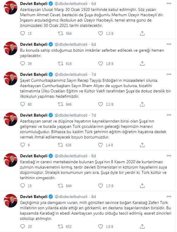 Bahçeli: Şuşa'da ilkokul yapılması hedefimizdir