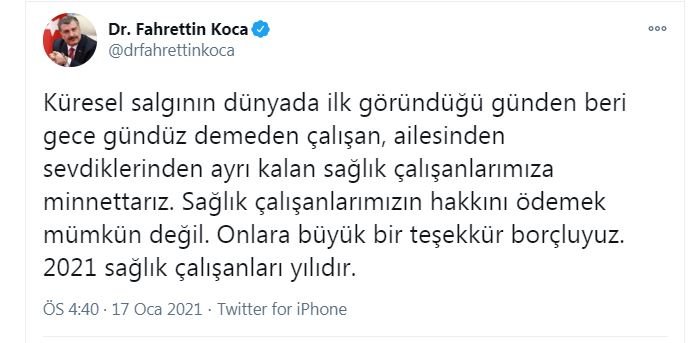 Bakan Koca: Sağlık çalışanlarımızın hakkını ödemek mümkün değil