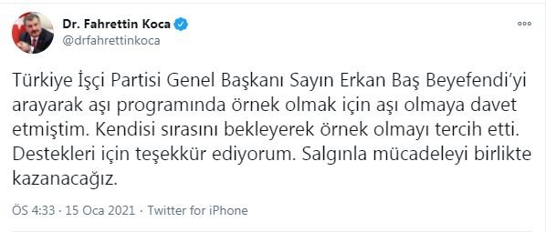 Bakan Koca'dan,Türkiye İşçi Partisi Genel Başkanı Erkan Baş'a teşekkür