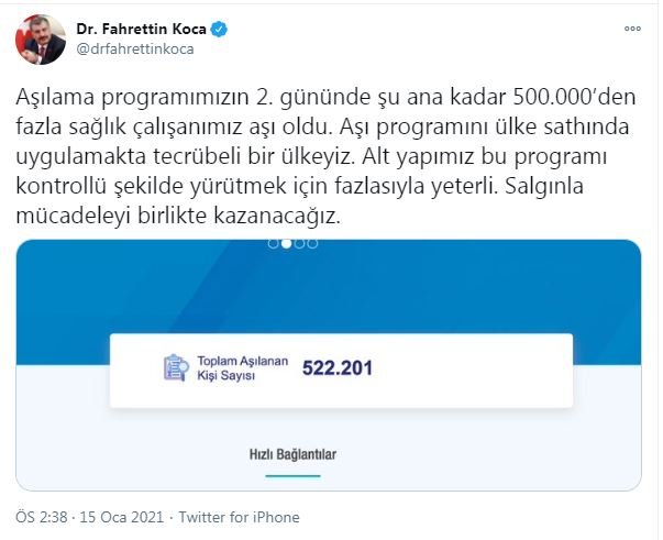 Bakan Koca: 500 binden fazla sağlık çalışanımız aşı oldu