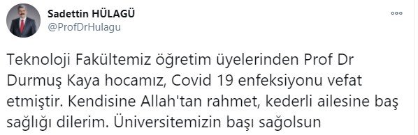 Prof. Dr. Durmuş Kaya koronavirüse yenildi 