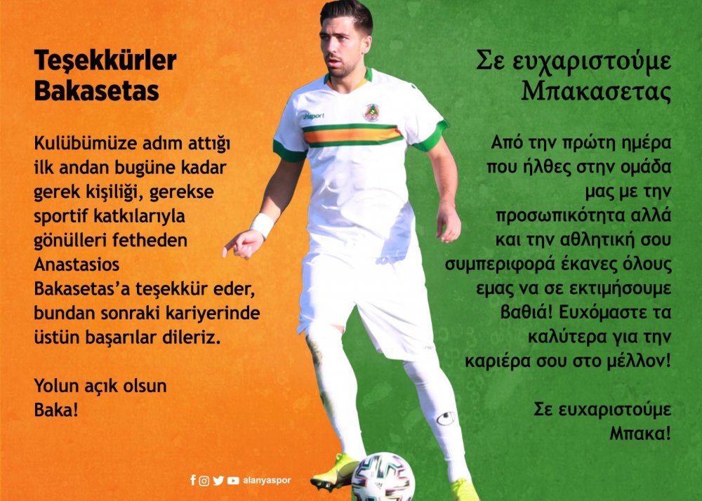 Aytemiz Alanyaspor’dan Bakasetas’a teşekkür