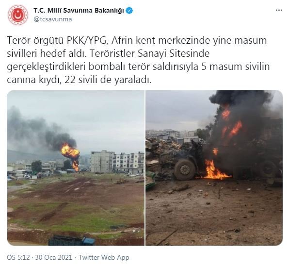 MSB: Afrin'deki bombalı terör saldırısında 5 sivil hayatını kaybetti