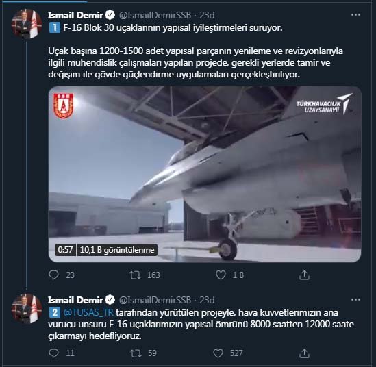 SAVUNMA Sanayii Başkanı İsmail Demir, F-16 uçaklarımızın yapısal ömrünü 12 bin saate çıkarmayı hedefliyoruz