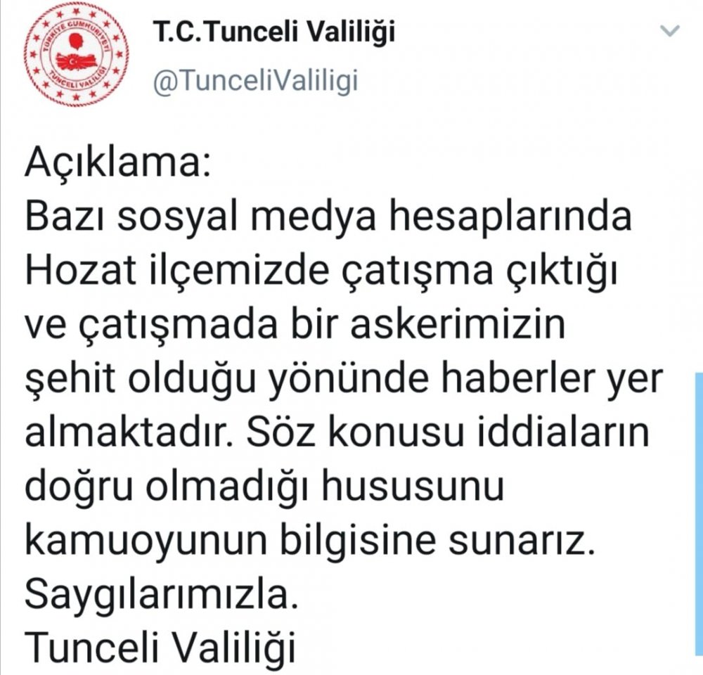 Tunceli Valiliği sosyal medyada çıkan ‘şehit’ haberlerini yalanladı