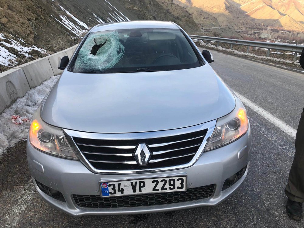 Kaya parçası otomobilin üzerine düştü, muhtar yaralandı