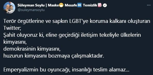 Soylu'dan Twitter çıkışı: Emperyalizmin bu oyuncağı, insanlığı teslim alamaz