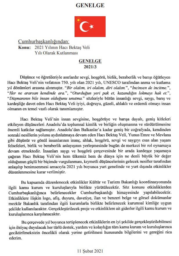 Cumhurbaşkanı Erdoğan’dan "2021 Hacı Bektaş Veli Yılı" genelgesi
