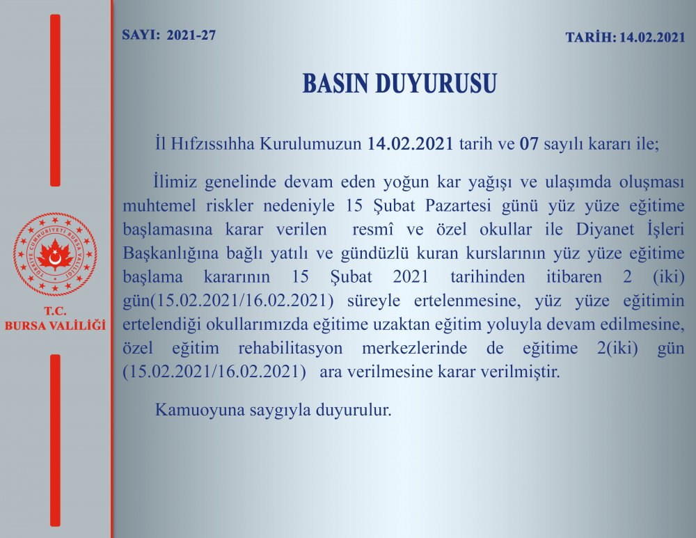 Bir ilimizde daha kar yağışı nedeniyle yüz yüze eğitime geçiş 2 gün ertelendi