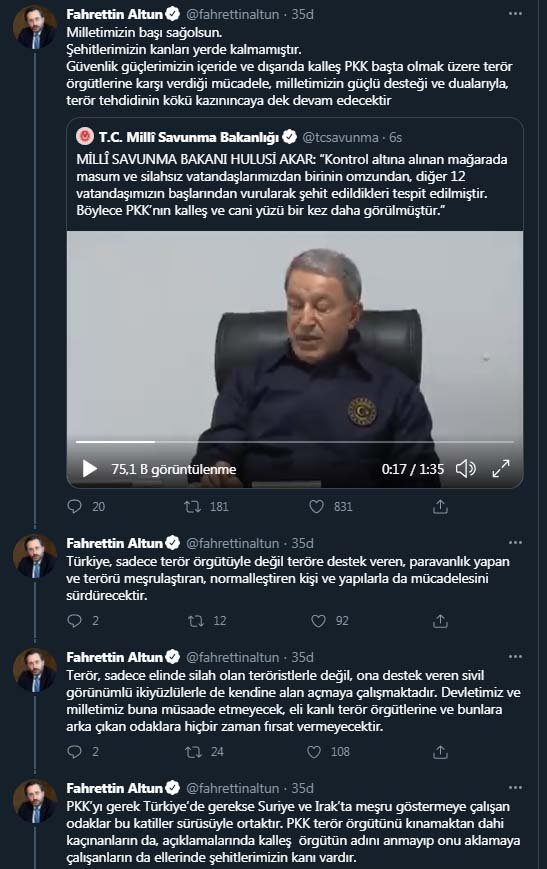 İletişim Başkanı Altun: Terör tehdidinin kökü kazınıncaya dek mücadele devam edecektir