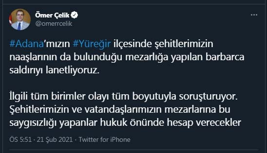 AK Parti'li Çelik: Adana'da mezarlığa yapılan saldırıyı lanetliyoruz