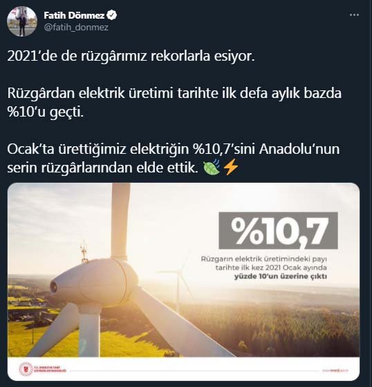 Bakan Dönmez, Rüzgârdan elektrik üretimi tarihte ilk defa aylık bazda yüzde 10'u geçti