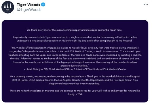 Kaza geçiren ABD'li golfçü Tiger Woods’un sağlık durumuna ilişkin ilk açıklama