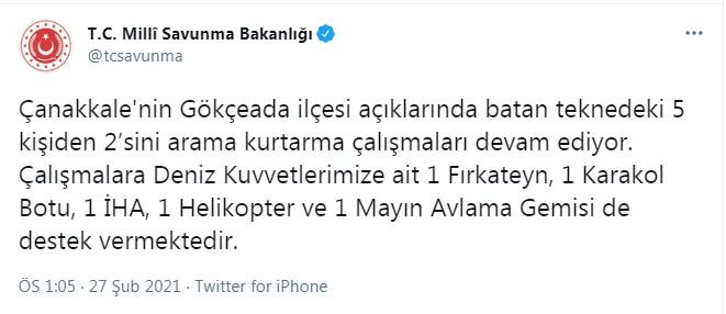 Gökçeada'da arama çalışmalarına Deniz Kuvvetleri Komutanlığı'ndan destek