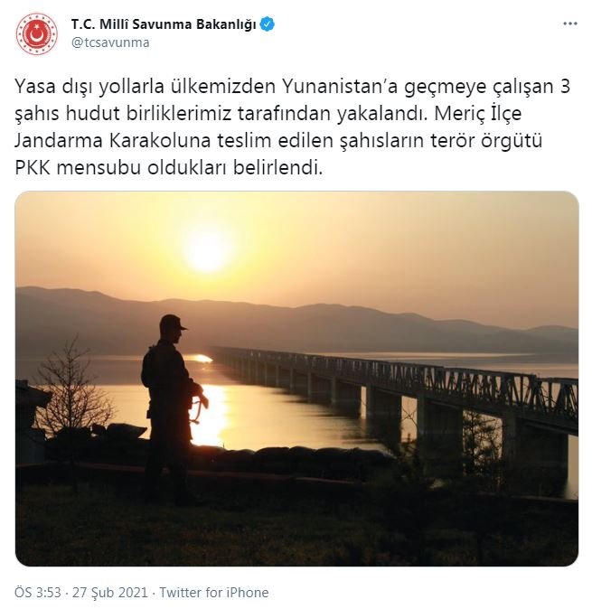 MSB: Yunanistan'a geçmeye çalışan 3 PKK'lı yakalandı