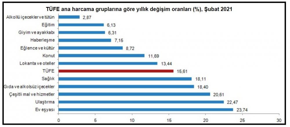 TÜİK-Tüketici fiyatları Şubat'ta aylık yüzde 0.91, yıllık yüzde 15.61 arttı