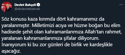 Bahçeli: 8'inci Kolordu Komutanımız Korgeneral Osman Erbaş'la birlikte 9 kahramanımız şehit olmuştur