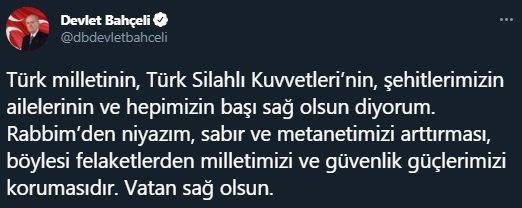Bahçeli: 8'inci Kolordu Komutanımız Korgeneral Osman Erbaş'la birlikte 9 kahramanımız şehit olmuştur
