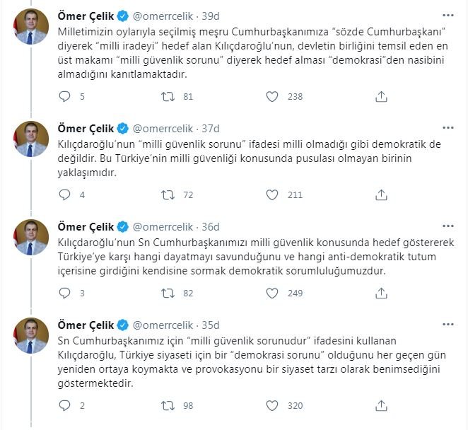 CHP liderinin "Erdoğan bir milli güvenlik sorunudur" sözleri AKP'yi kızdırdı! Ömer Çelik yine Kılıçdaroğlu'nu hedef aldı!