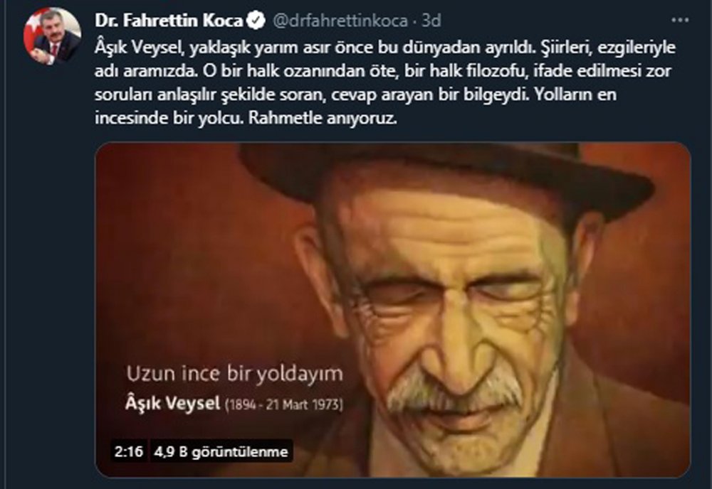 Bakan Koca'dan, 'Aşık Veysel' paylaşımı