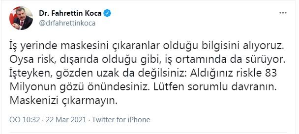 Bakan Koca uyardı: İş yerinde maskenizi çıkarmayın