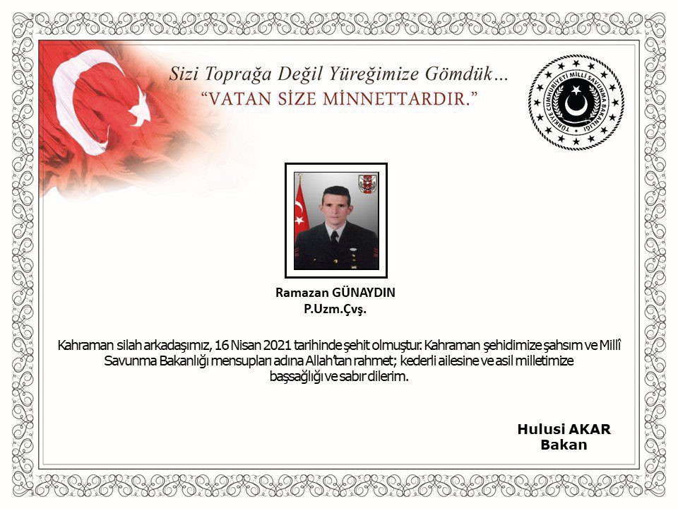 Hakkari'de görev sırasında kaza geçiren Uzman Çavuş Günaydın'dan acı haber