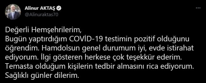 Bursa Büyükşehir Belediye Başkanı Aktaş, koronavirüse yakalandı
