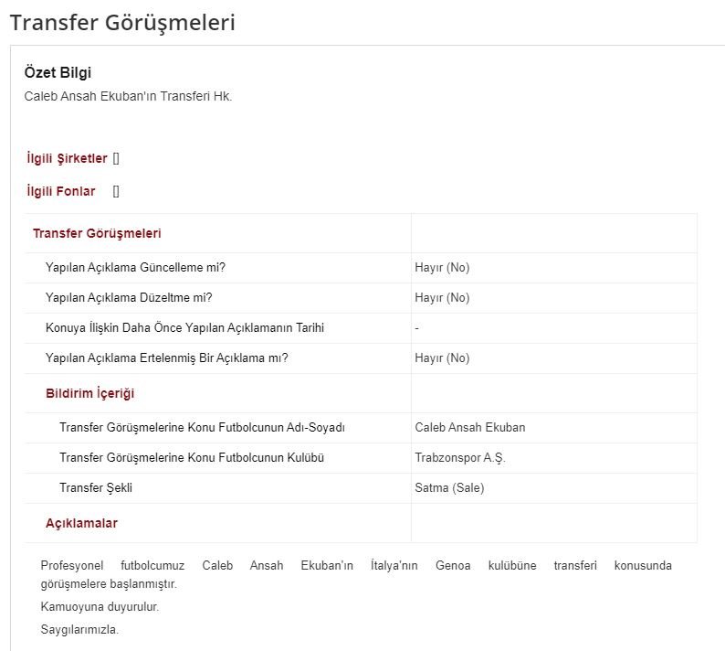 Trabzonspor’dan Ekuban için KAP’a resmi açıklama