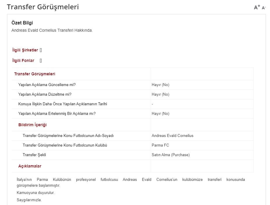 Trabzonspor, Cornelius’u KAP’a bildirdi