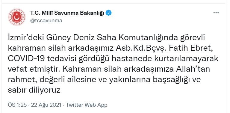 MSB: duyurdu: Koronavirüs tedavisi gören astsubaydan acı haber