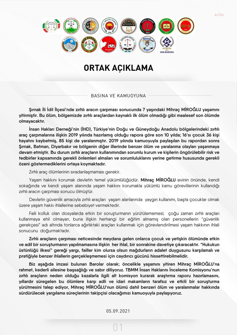 14 BARODAN ORTAK AÇIKLAMA: "ZIRHLI ARAÇÖLÜMLERİNİN SIRADANLAŞMAMALI ETKİLİ SORUŞTURMA YÜRÜTÜLMELİ”