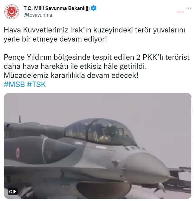 MSB: 2 PKK’LI TERÖRİST DAHA HAVA HAREKÂTI İLE ETKİSİZ HÂLE GETİRİLDİ