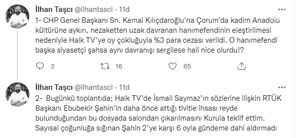 RTÜK ÜYESİ TAŞCI: "KILIÇDAROĞLU’NA NEZAKETTEN UZAK DAVRANAN HANIMEFENDİNİN ELEŞTİRİLMESİ NEDENİYLE HALK TV’YE PARA CEZASI VERİLDİ"