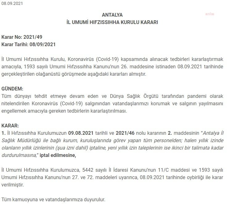 ANTALYA VALİLİĞİ: SAĞLIK ÇALIŞANLARININ İZİNLERİ İPTAL EDİLDİ