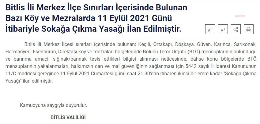 BİTLİS VALİLİĞİ 9 KÖYDE SOKAĞA ÇIKMAYI YASAKLADI