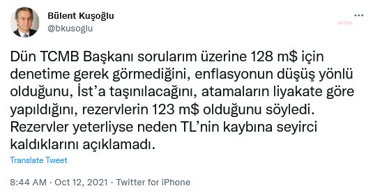 CHP'li Bülent Kuşoğlu: "Merkez Bankası Başkanı rezervler yeterliyse neden TL’nin kaybına seyirci kaldıklarını açıklamadı"