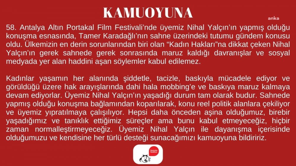 Oyuncular Sendikası'ndan Nihal Yalçın'a destek: "Kabul etmeyeceğiz, hiçbir zaman normalleştirmeyeceğiz"